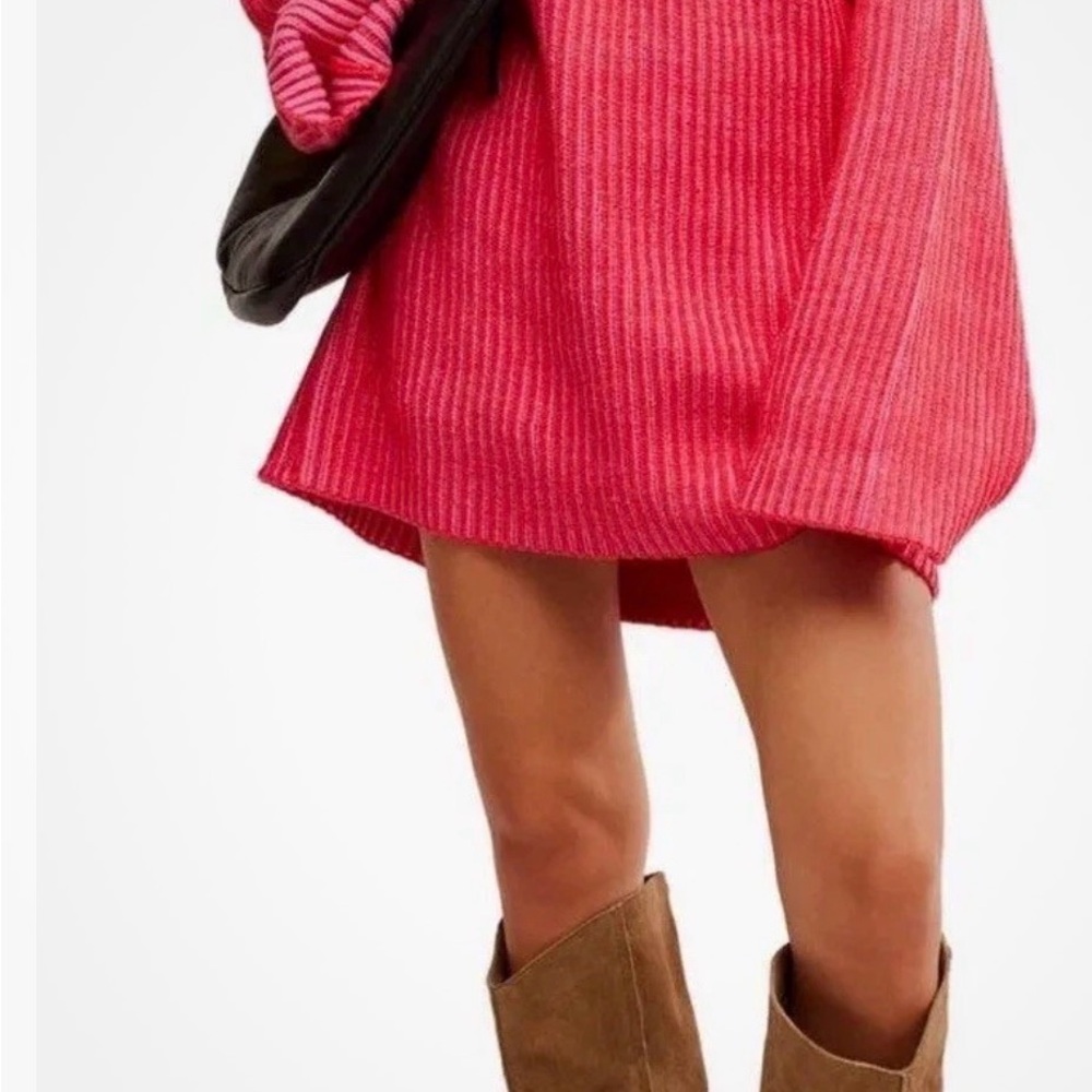 Free People Charlotte Tunic Sweater Womens Sz L Glow Pink Tight Knit Ribbed NWOT